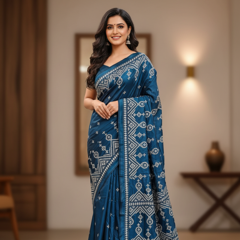 White Nakshi on Dark Teal Banglore Silk Kanta Saree