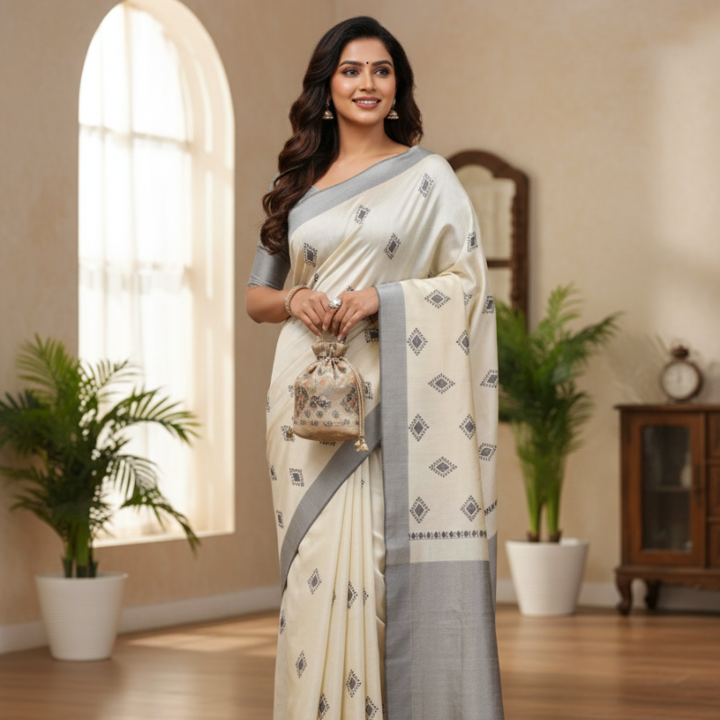 Hand stitched Matka Silk with Grey Border – Kite Design.