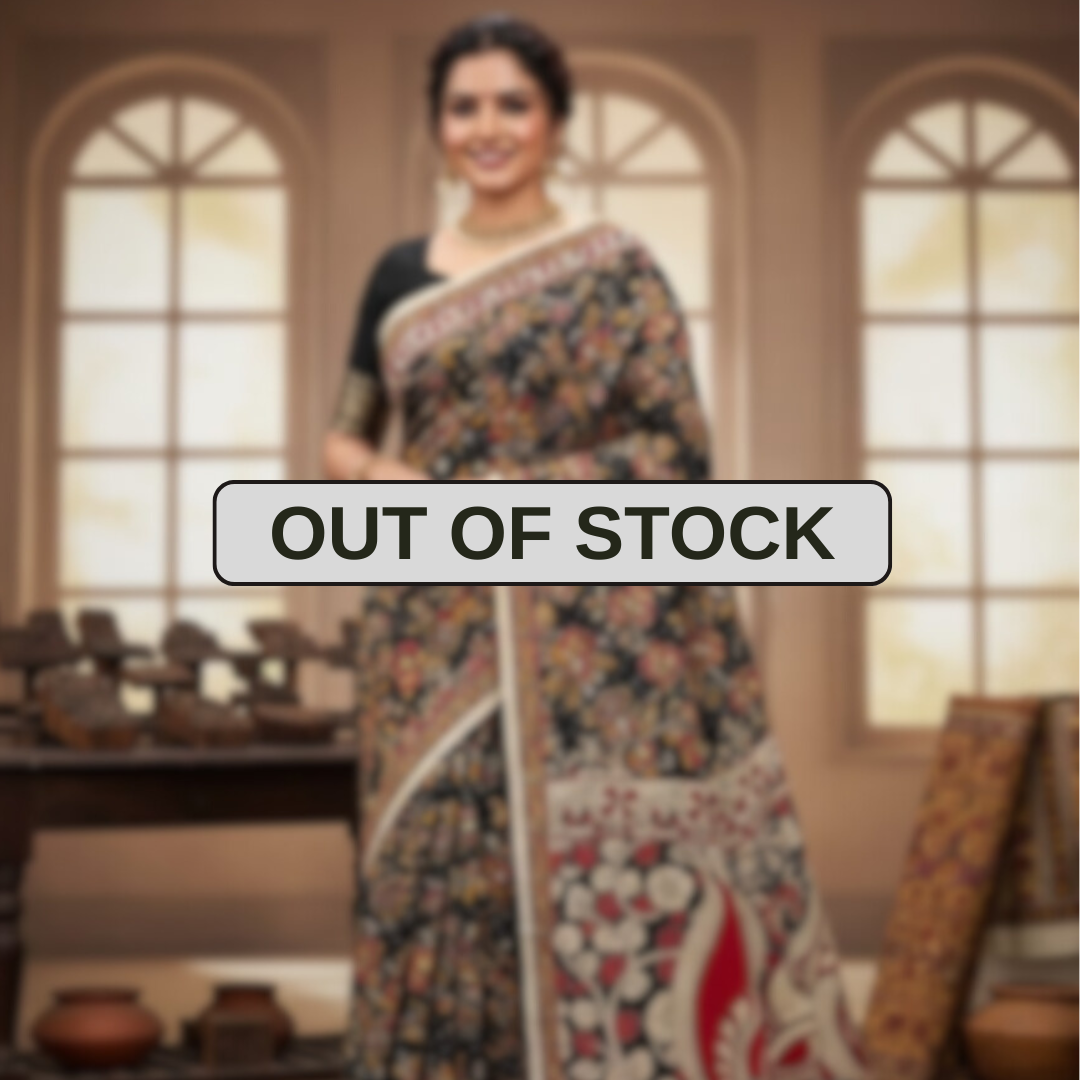 'ShyamKamala' Black Canvas with Floral design cotton Kalamkari Saree