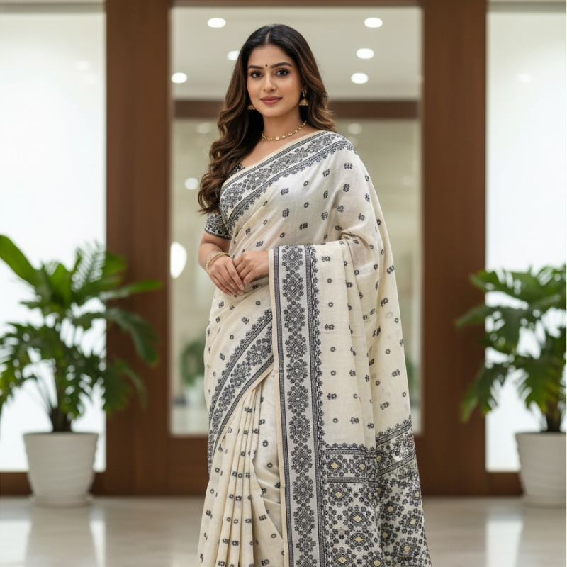 Muga Assam Silk – Off White Hue with Black Floral Butta