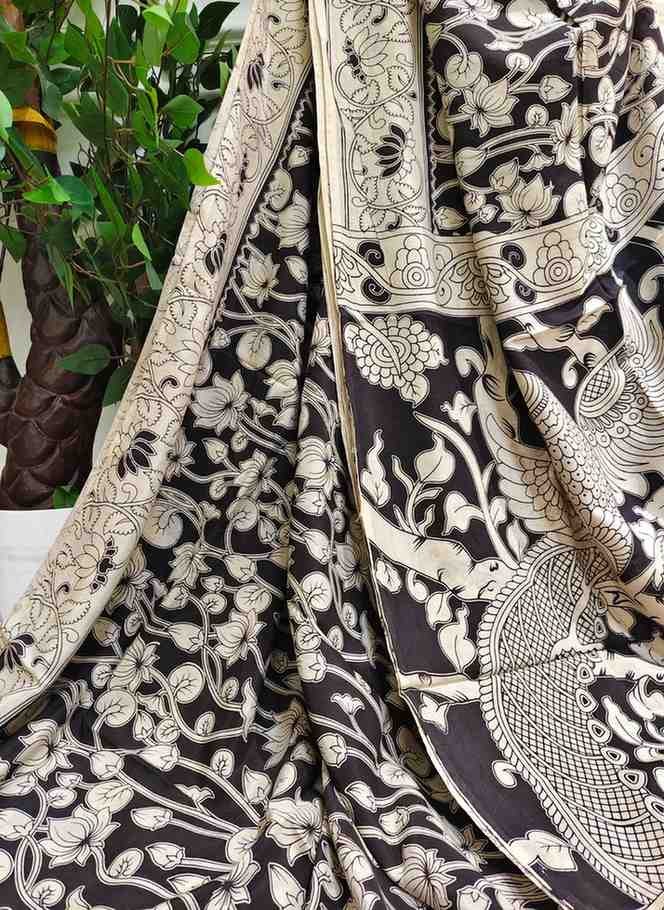 'Rajanikamal' Black canvas with Lotus motifs Nellore Silk Kalamkari Saree