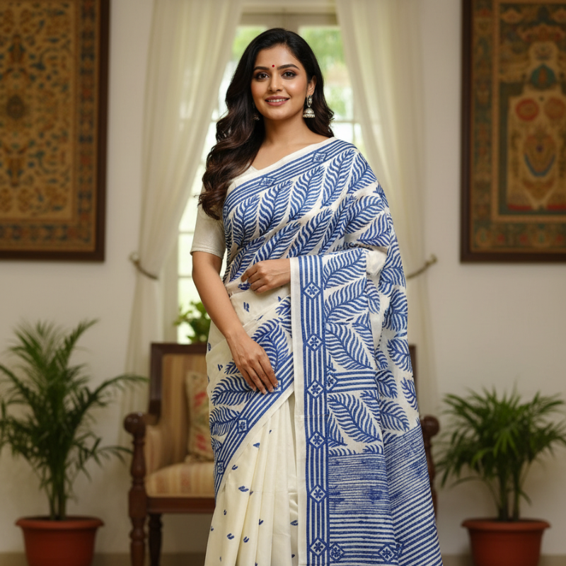 Blue Leafline Bangalore Silk Kantha Saree