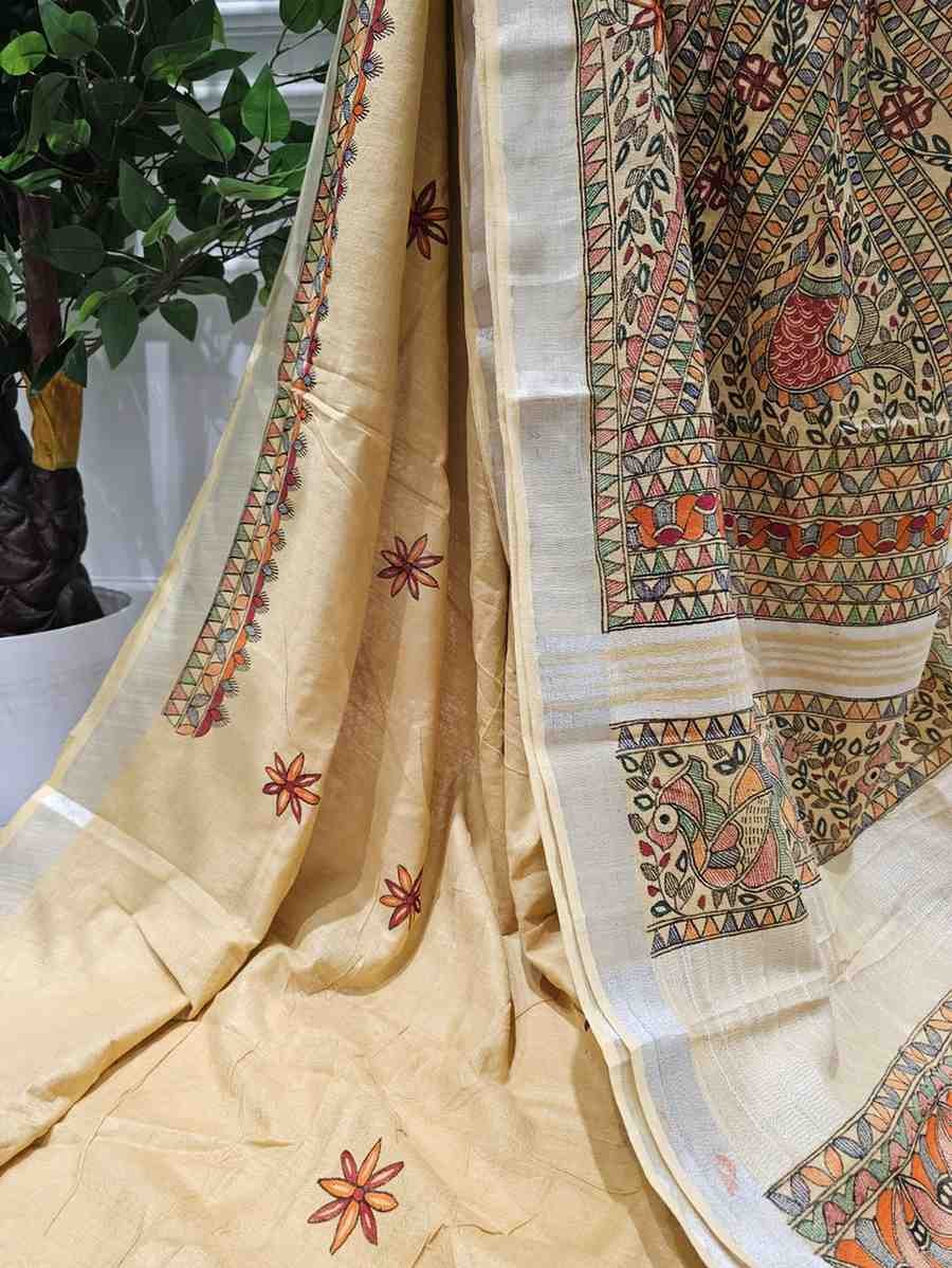 Floral motif cream hand painted madhubani blend saree