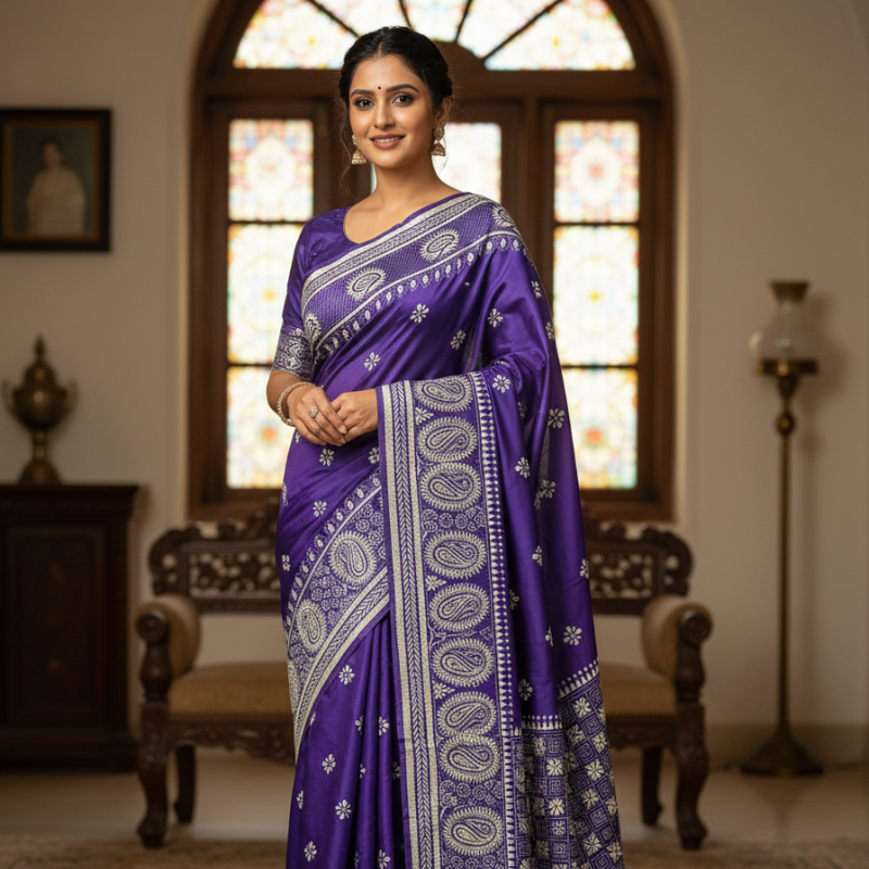 Bangalore Silk Kantha Saree - Royal Blue