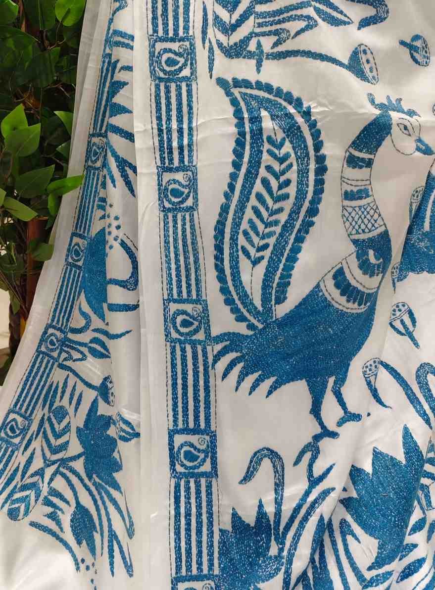 Lotus Lagoon on white Bangalore Silk Kantha Saree
