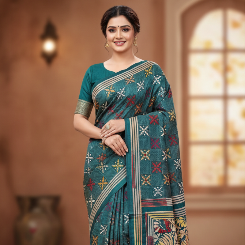 Floral Grid on Teal Bangalore Silk Kantha Saree