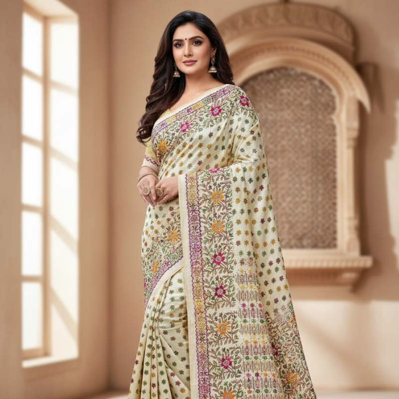 Hand Stitched Kadhwa Kantha Saree - Mixed Colour