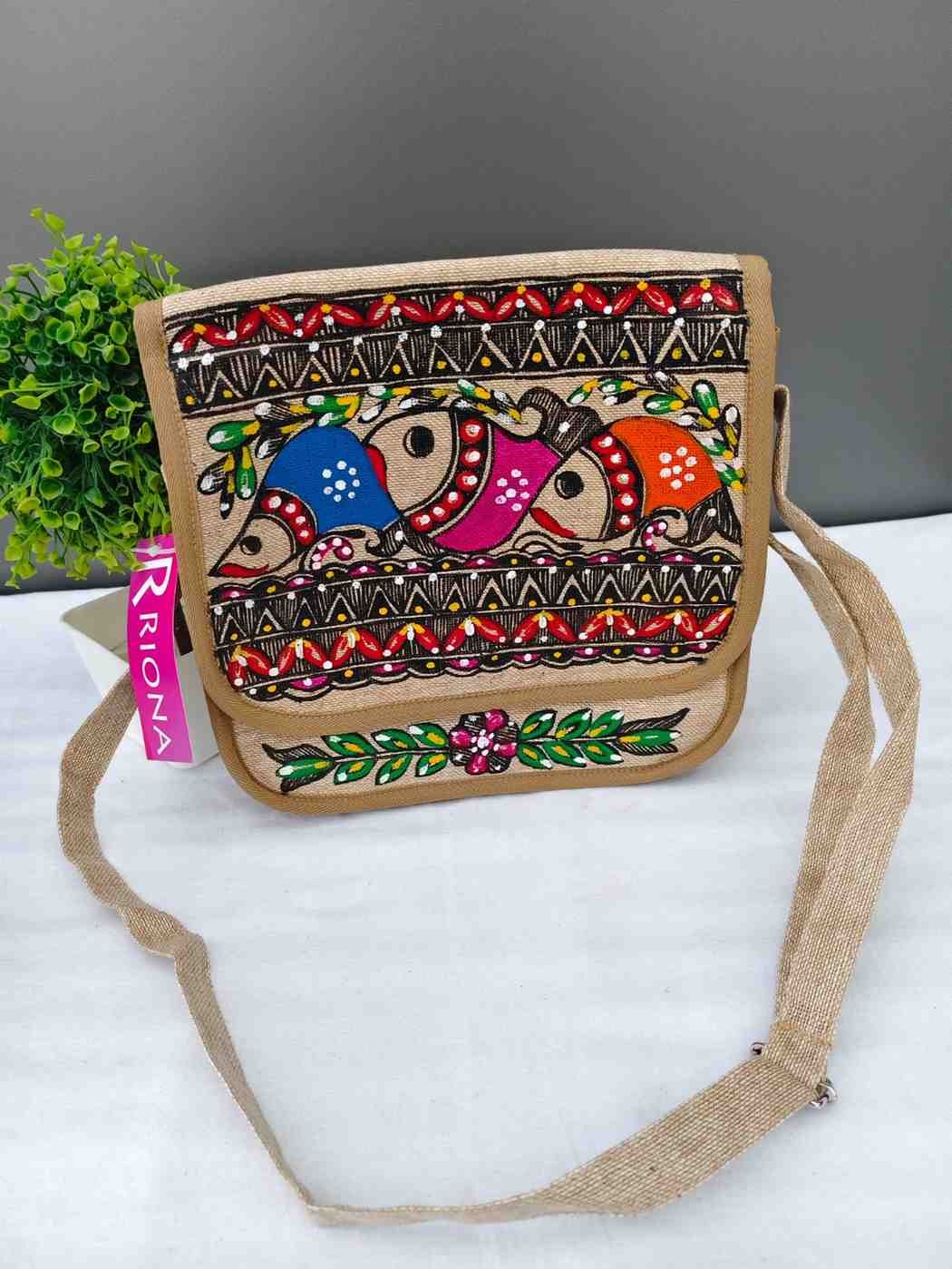 Handpainted Madhubani Jute Round cut Sling Bag - Fish Design