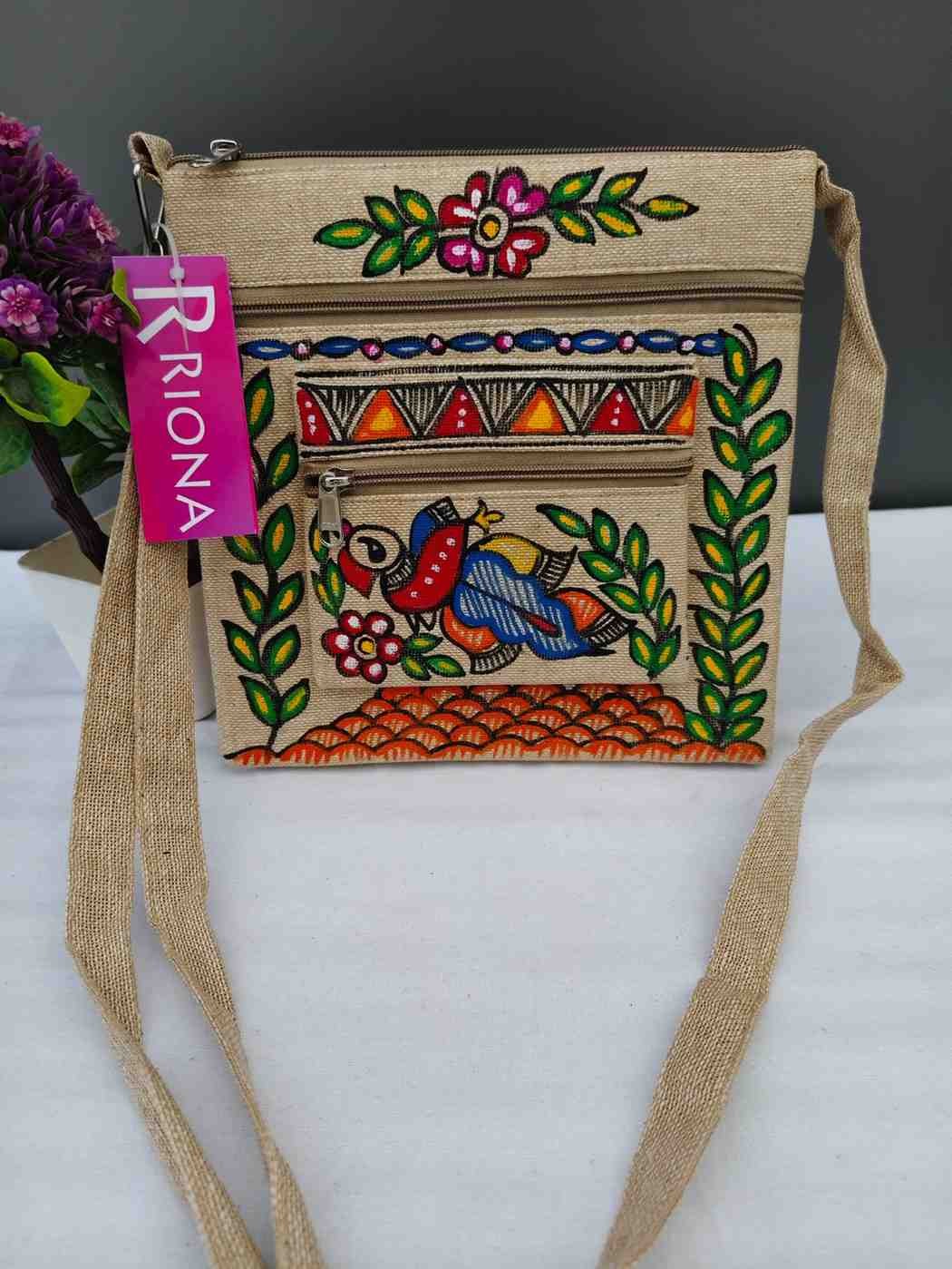 Handpainted Madhubani Double Chain Jute Small Sling Bag - Parrot Design