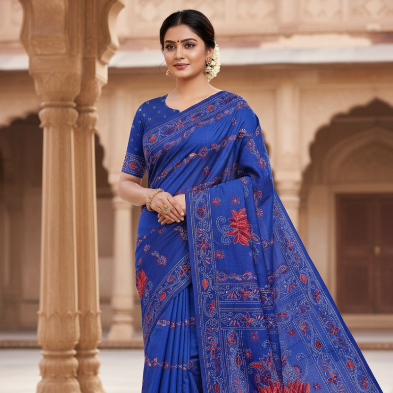 Bangalore Silk Blend Kantha Saree -Blue With Lotus Design