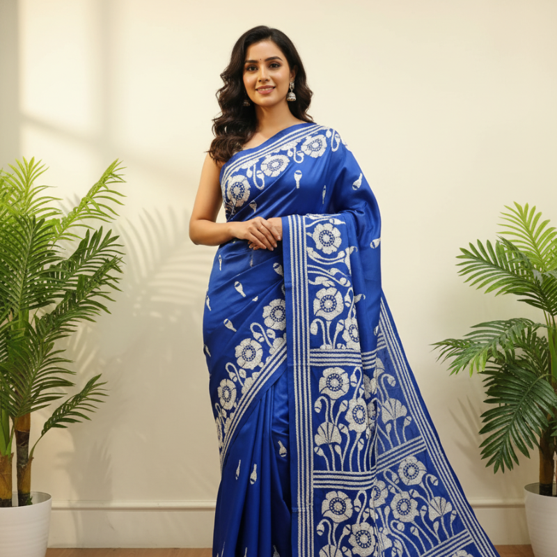 Floral Carnival of Blue Bangalore Silk Kantha Saree