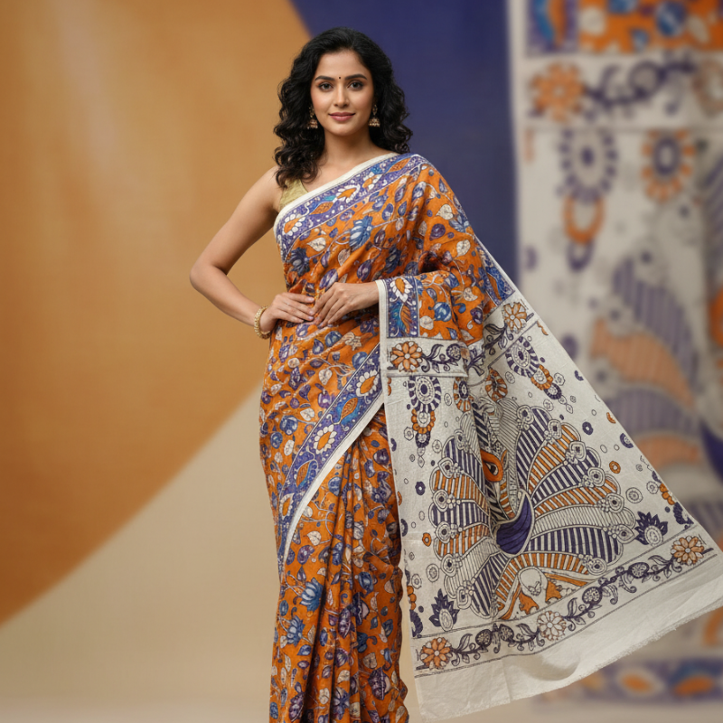 'Padmini' Orange canvas with Lotus motifs cotton Kalamkari Saree