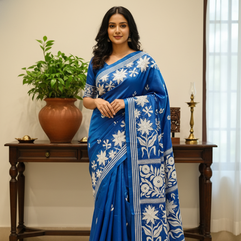 White Flora Bangalore Silk Kantha Saree