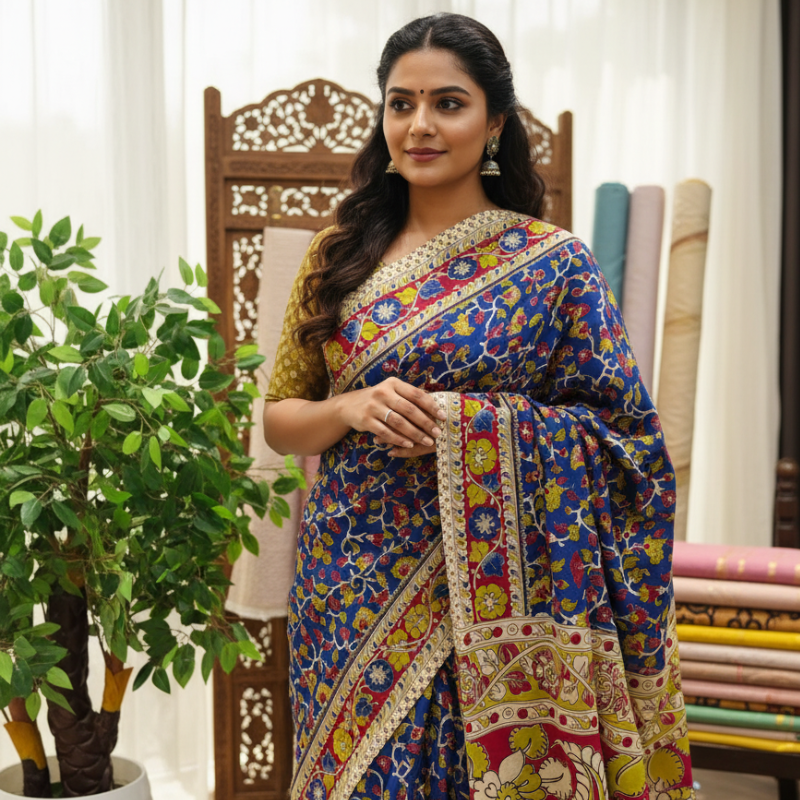 'Pushpavalli' Bright Blue canvas cotton Kalamkari Saree
