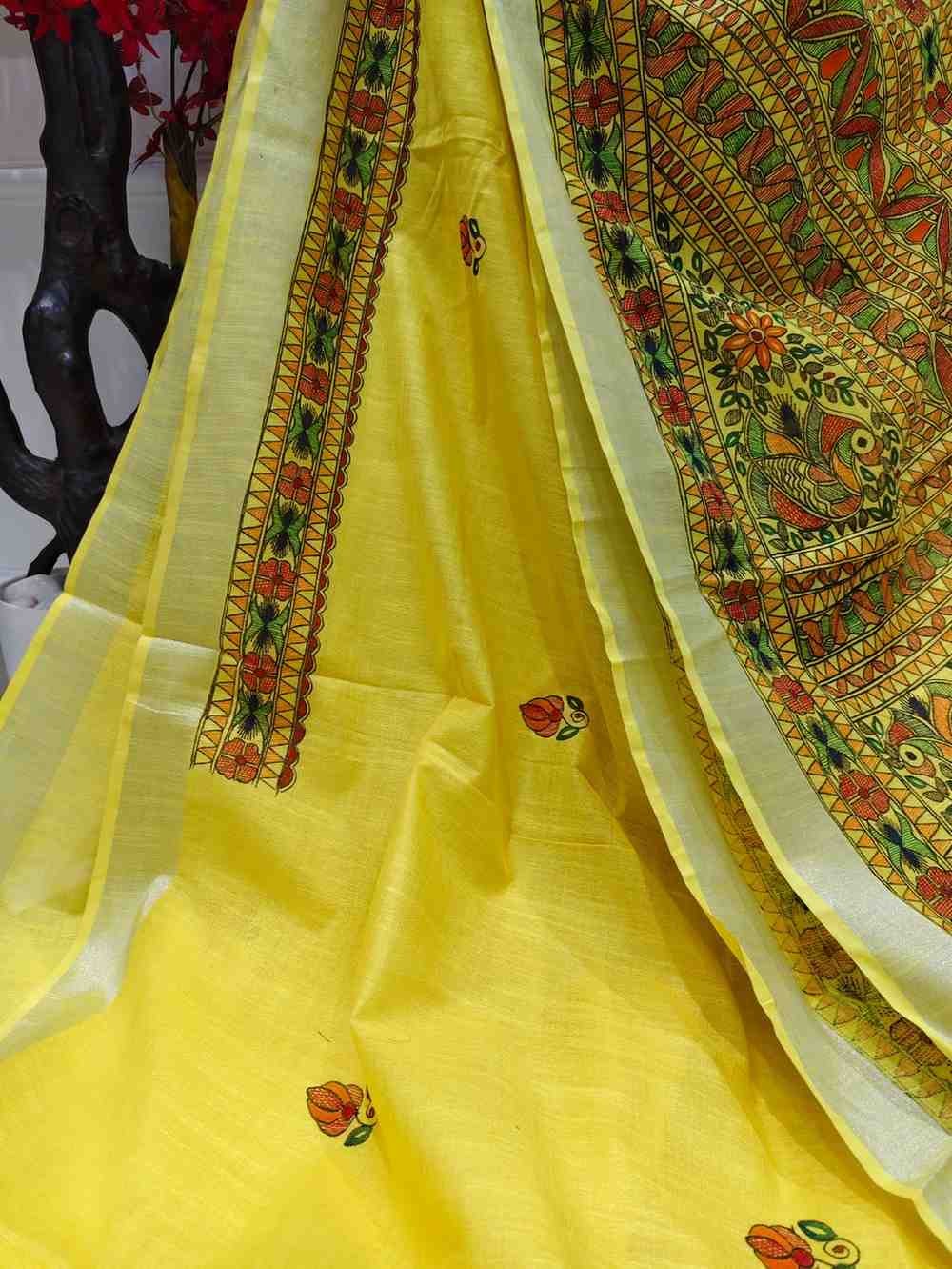 'Meen mayuri' Yellow Hand Painted Madhubani Blend Saree