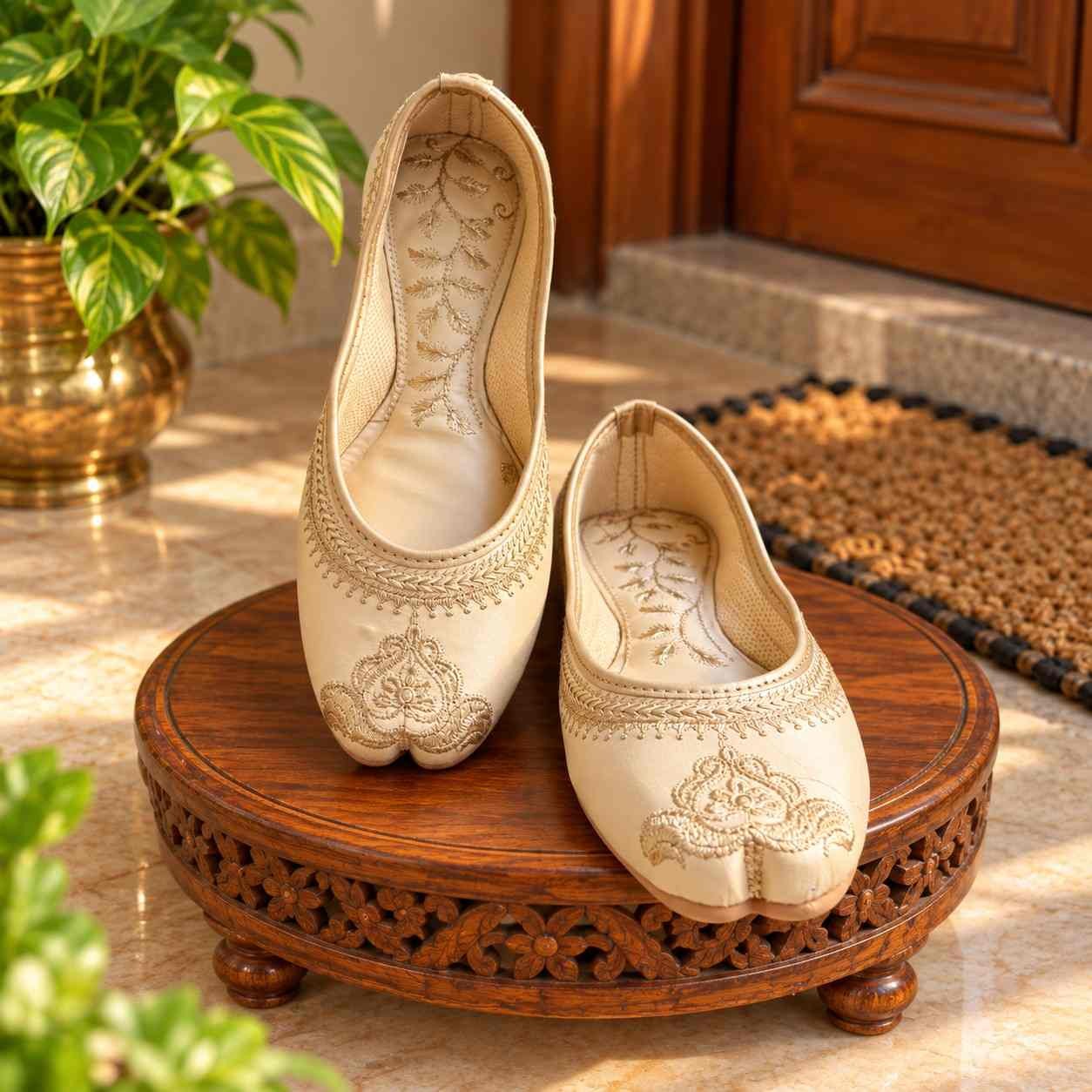 Handmade Golden Ethnic Juttis for Women | Traditional Embroidered Mojaris & Punjabi Jutti | Bridal & Festive Ethnic Footwear