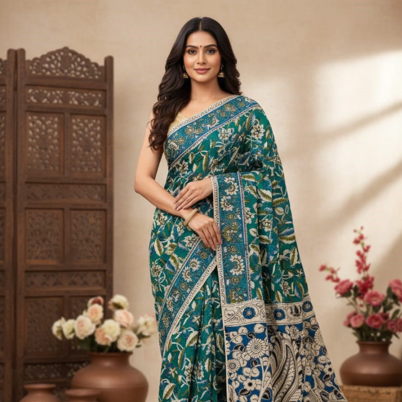 'Indivara' Teal canvas with Lotus motifs cotton Kalamkari Saree