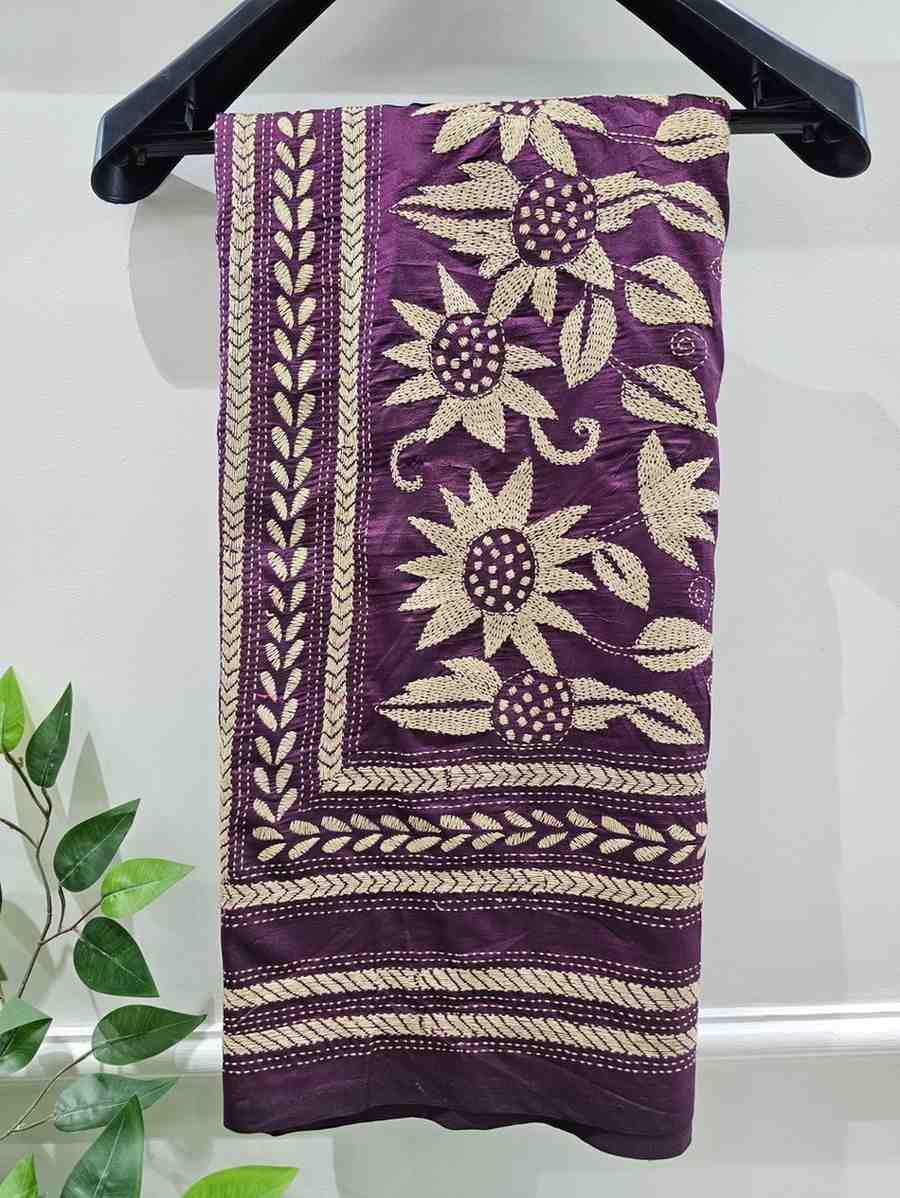 Bangalore Silk Blend Kantha Saree - Purple