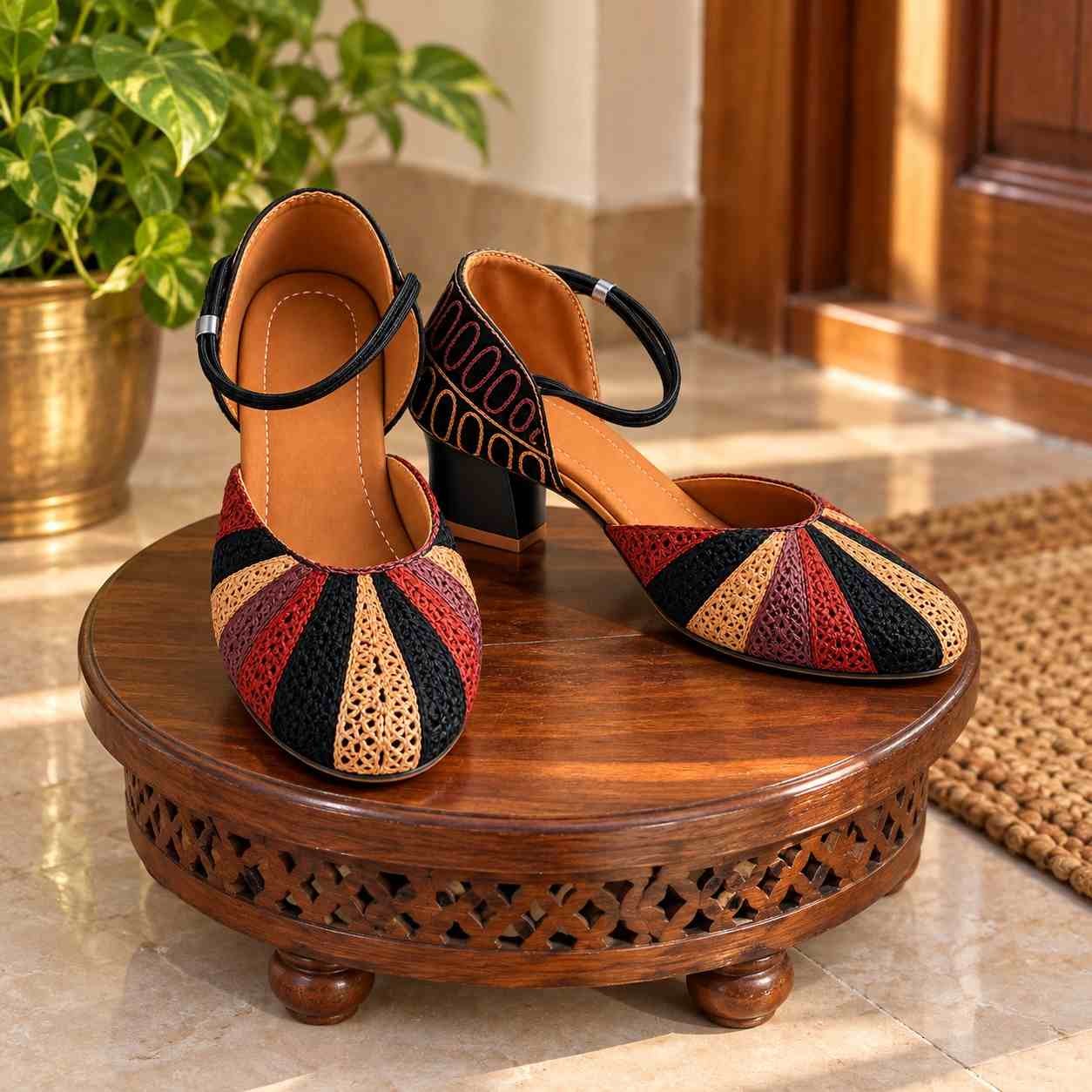 Artisanal Block Heel Sandals with Ankle Strap | Vibrant Indian Handcrafted Footwear for Ethnic Outfits, Weddings & Festive Styling