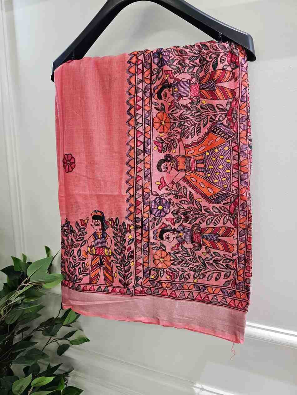 Nritya mithila Pink Hand painted madhubani blend saree