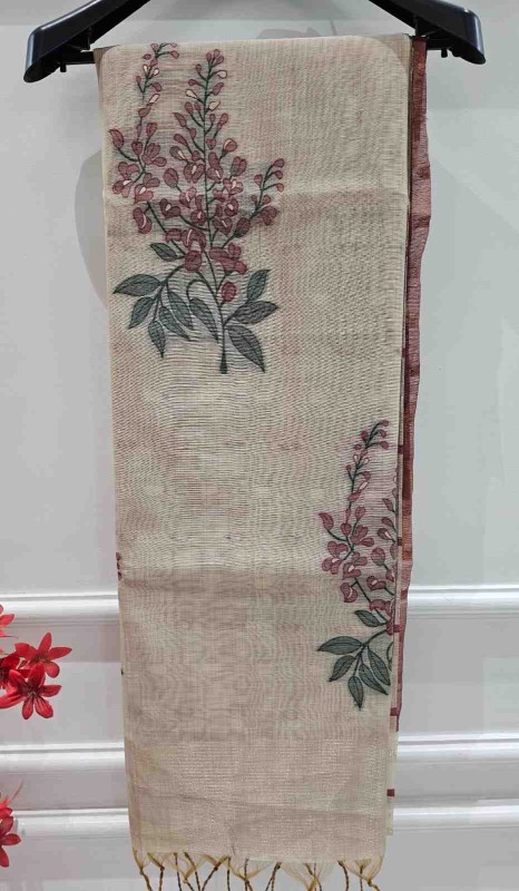 Floral Art Muga Jamdani Saree - off white with Red Blossom