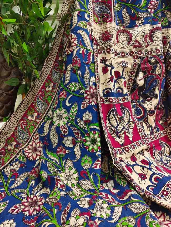 'Madhavilatika' Bold Blue canvas with Floral and Leaf motifs cotton Kalamkari Saree