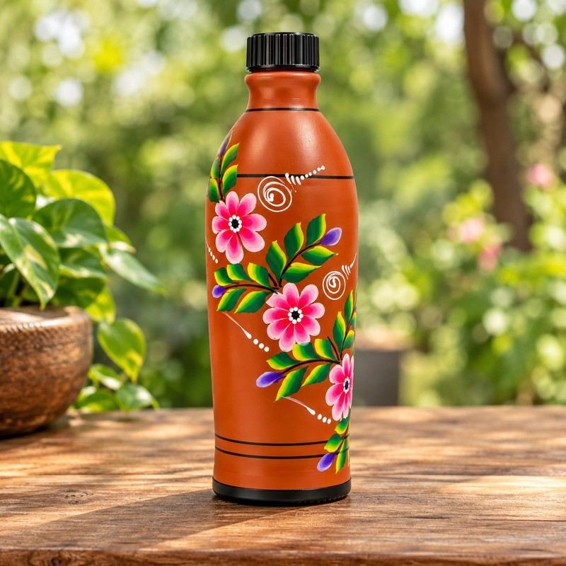 Hand-Painted Terracotta Water Bottle | Eco-Friendly Natural Clay Refrigerator Water Bottle with Floral Art (1 Litre)