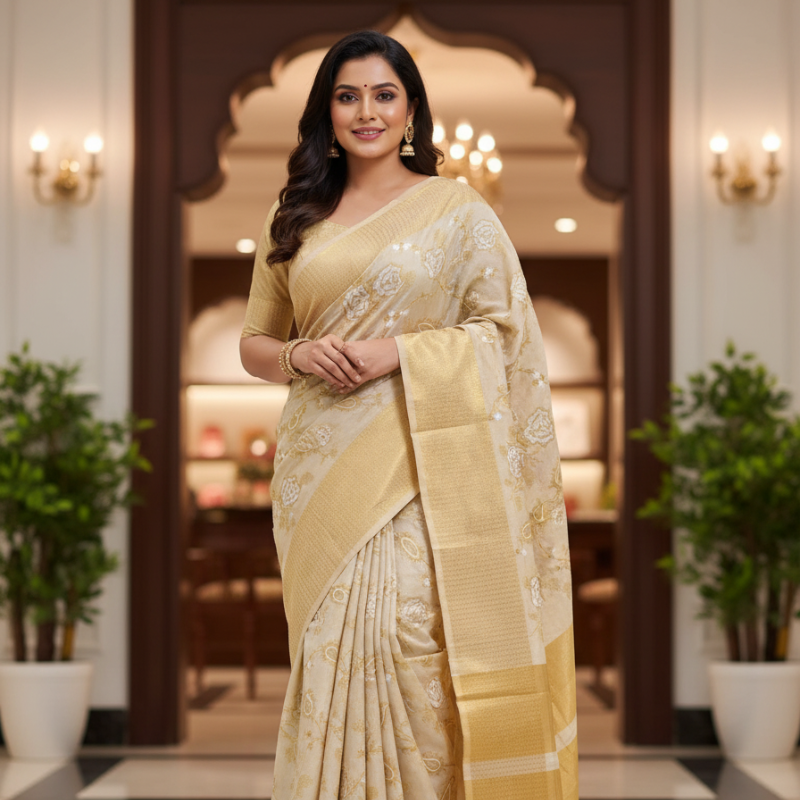 Riona Special Hand Stitched Assam Silk - Golden Rose Blossom