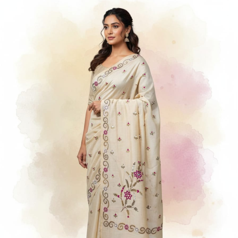 Hand stiched Nakshi Kantha Saree - Deep Pink