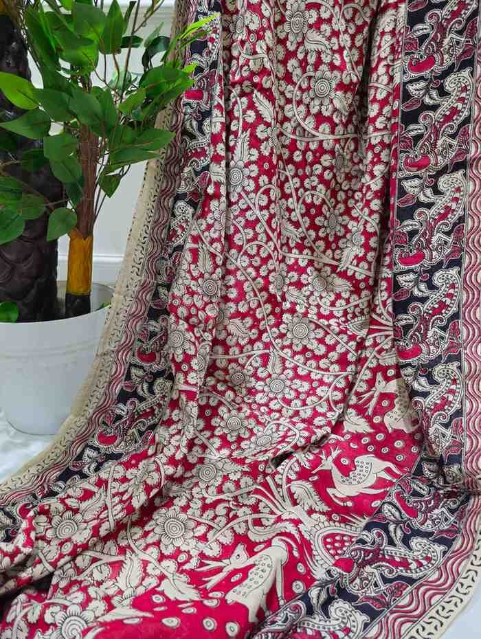 Red Canvas cotton kalamkari saree