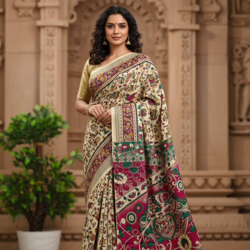 'Gramleela' White base with colorful motifs Nellore Silk Kalamkari Saree