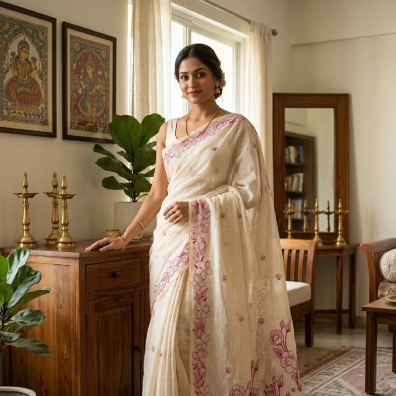 The Gulabi Bela muga Jamdani Saree