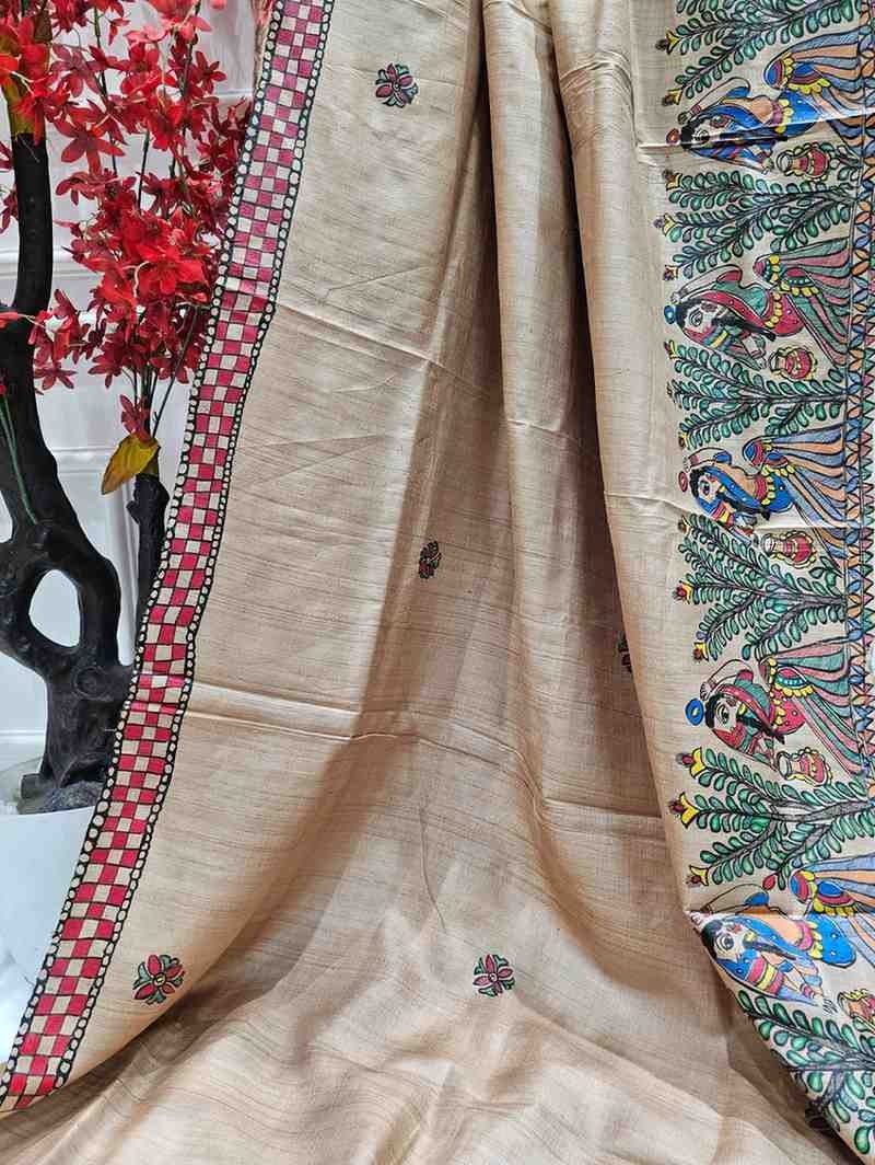 'SARASWATI' Hand painted Madhubani Pure Tussar Silk Saree