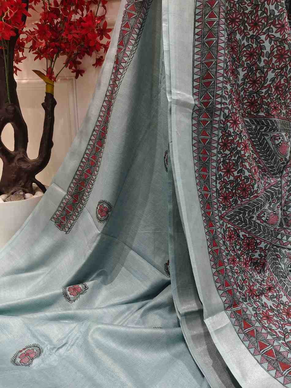 'PhoolChitra' Dusty Blue Hand Painted Madhubani Blend Saree