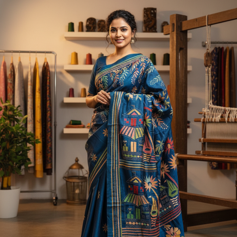 Deep Teal Threaded Tales Bangalore Silk Kantha Saree