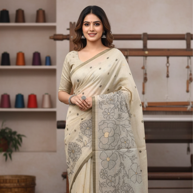 Black Floral Mist Jamdani Saree