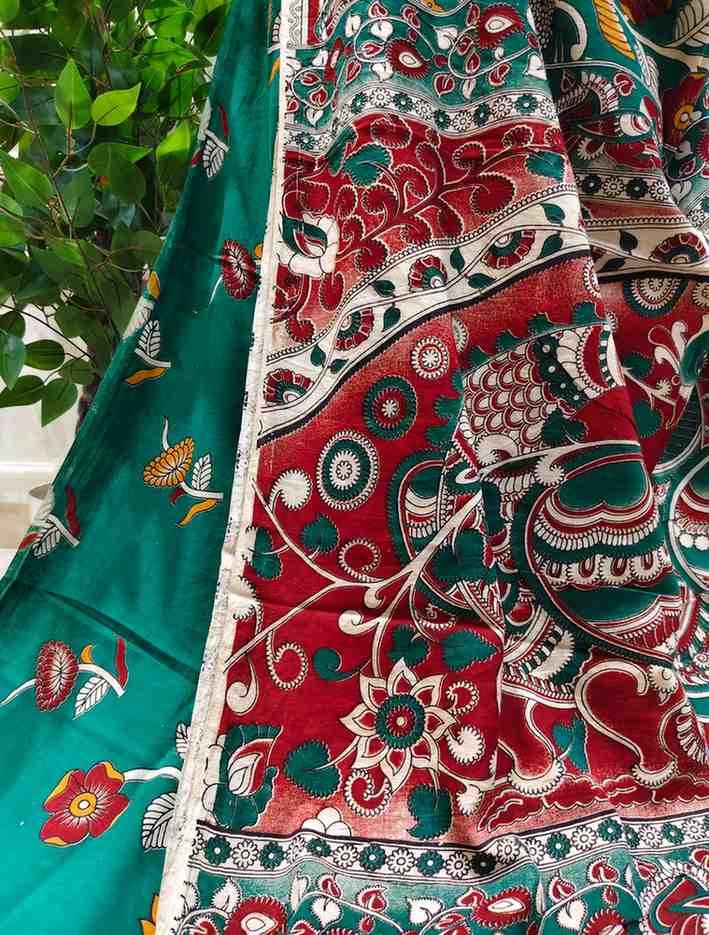 'Pakshiraji' Green canvas cotton Kalamkari Saree