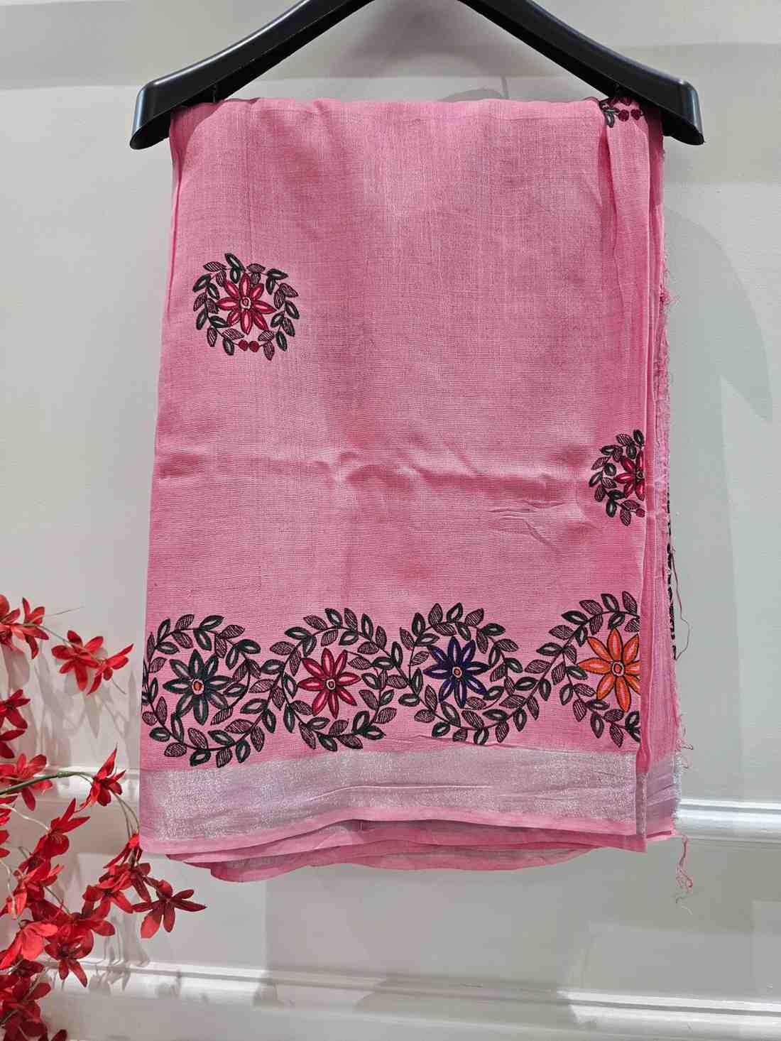 Floral motifs pink Hand painted madhubani blend saree