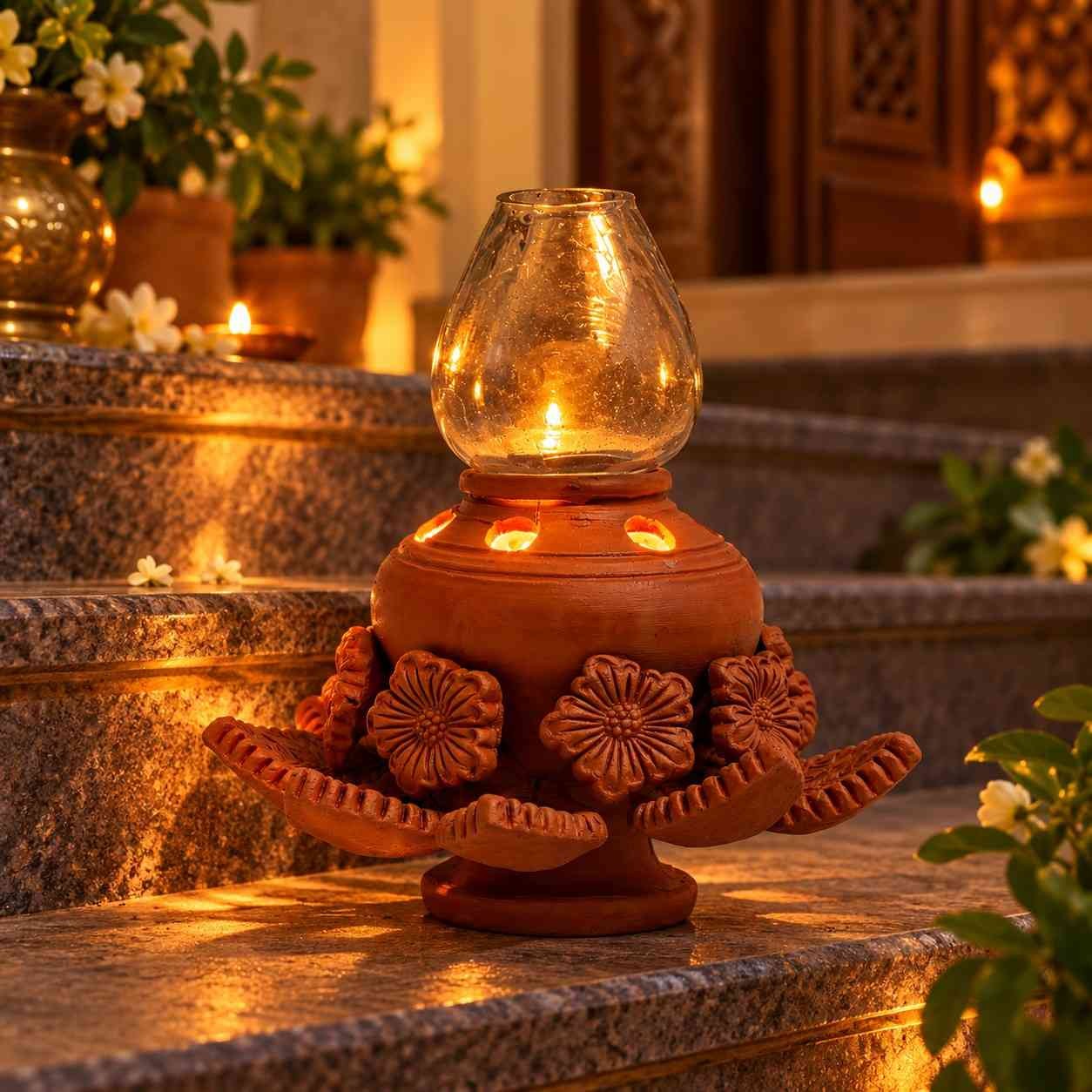 Artisanal Glow Terracotta Candle & Oil Diffuser Lamp | Ethnic Decorative Lighting Showpiece with Floral Petal Base
