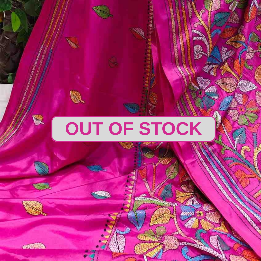 Cornetto Cut Bangalore Silk Kantha Saree - Candy Pink