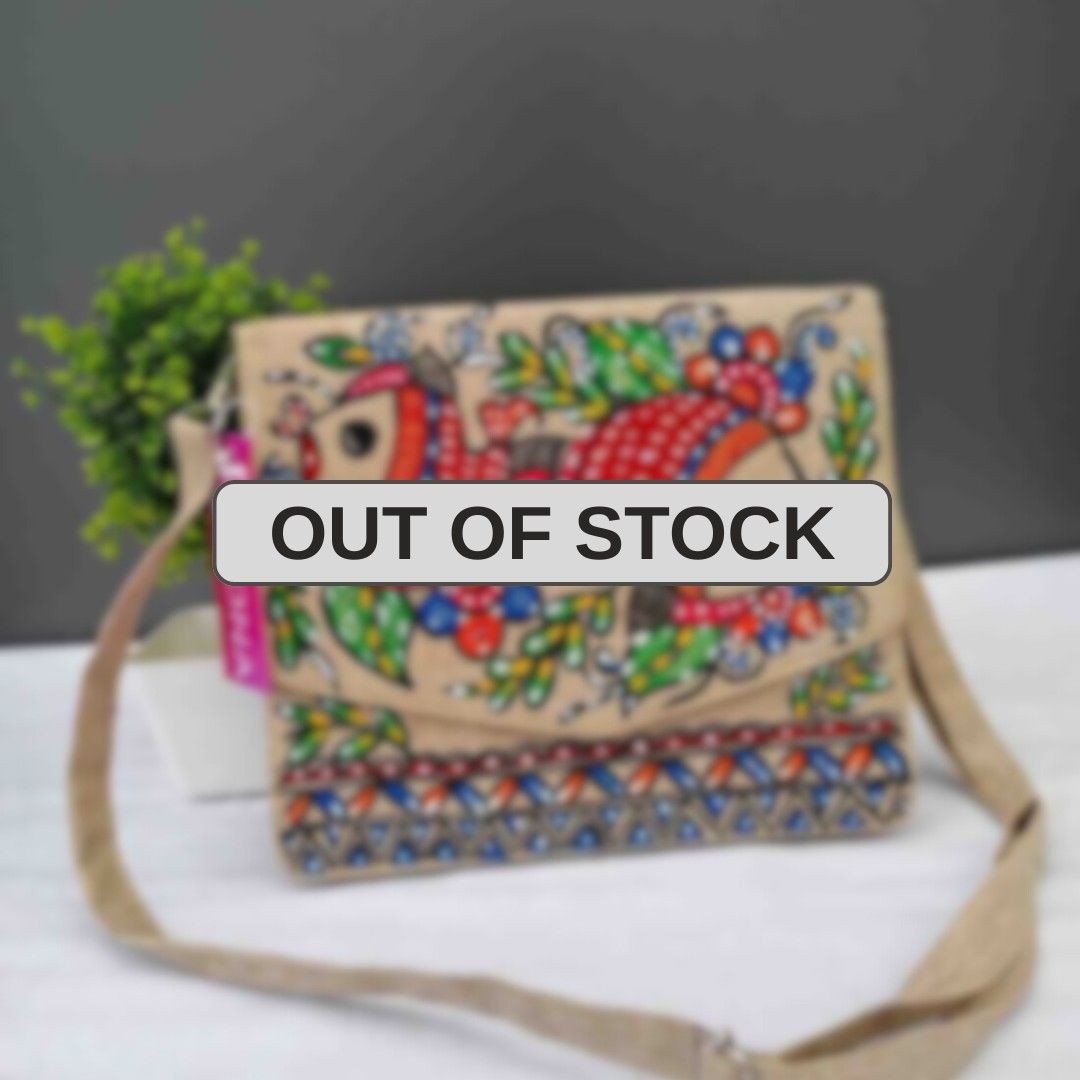 Handpainted Madhubani Jute V cut Sling Bag - Twin Fish Design