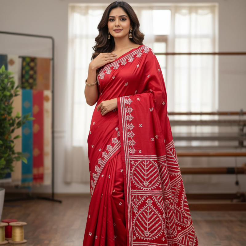 Bold Red With White Grace Bangalore Silk Kantha Saree