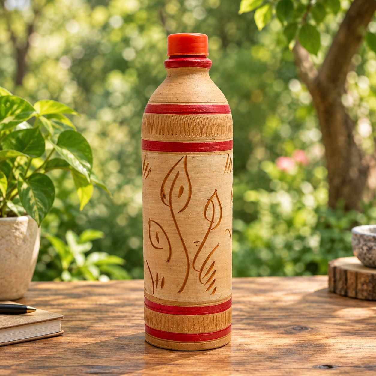 Handmade Terracotta Water Bottle with Leaf Carving Design | Eco-Friendly Natural Earthen Refrigerator Bottle for Cool Drinking Water (1 Litre)