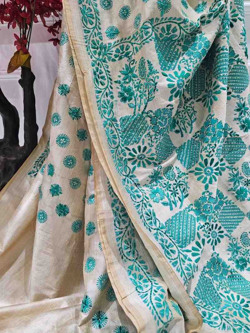 Hand Stitched Kadhwa Kantha Saree- Green