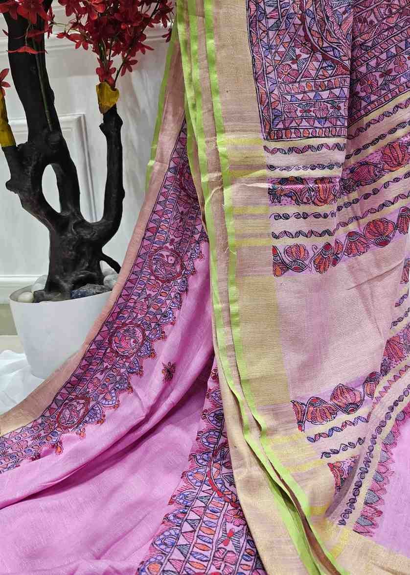 Gulabi Surmai Handpainted Madhubani Blend Saree