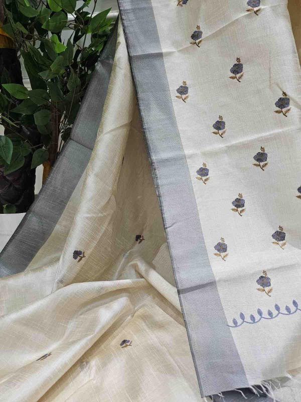 Hand stitched Matka Silk With Grey Border - Hibiscus Design