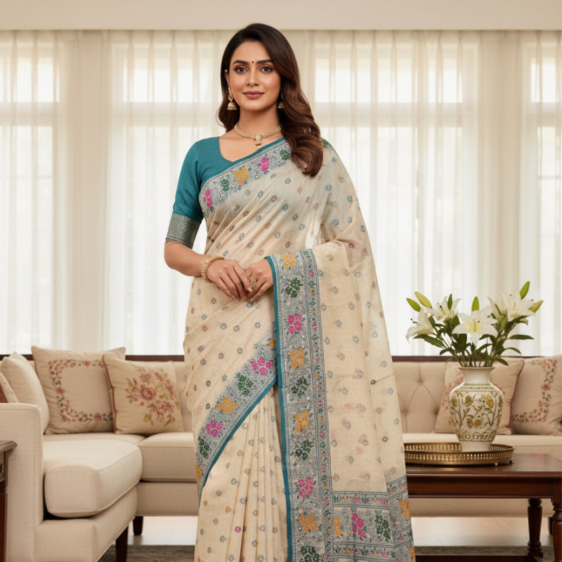 Floral Art Muga Jamdani Saree - Light Beige  with Floral Design