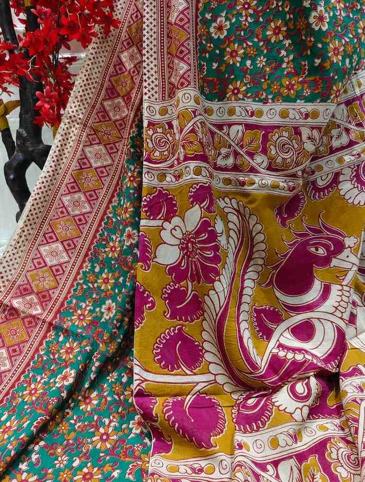 'HaritaPushp'  Green Canvas cotton Kalamkari Saree