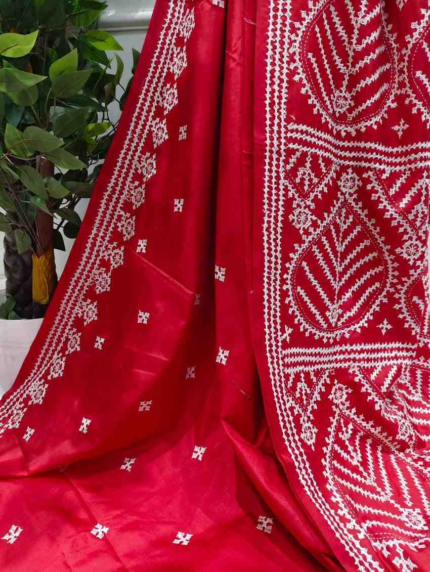 Bold Red With White Grace Bangalore Silk Kantha Saree