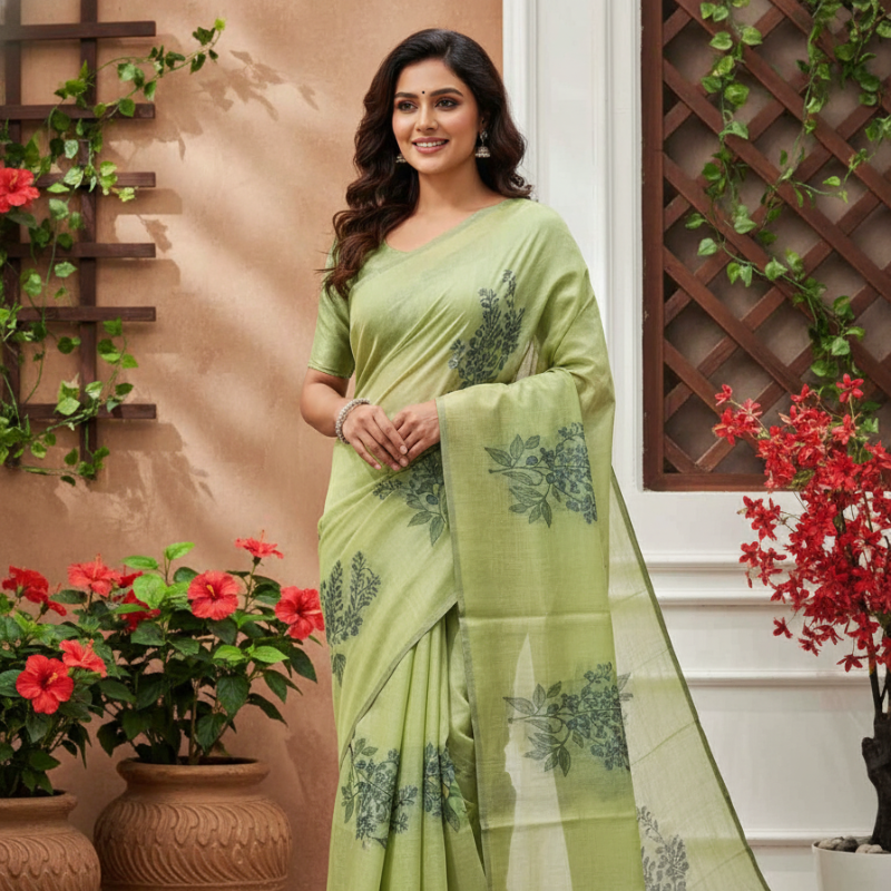 Floral Art Muga Jamdani Saree - Parrot Green Blossom